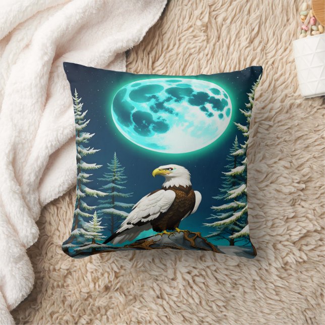 Eagle Perched Under Moonlit Winter Sky Cushion (Blanket)