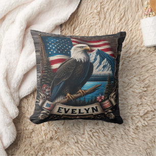 Eagle Perched With American Flag and Mountains Cushion