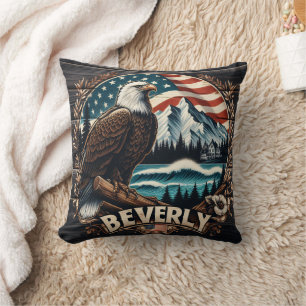 Eagle Perched With Mountains and Flag Background Cushion