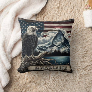 Eagle Perched With Mountains and Flag Background Cushion