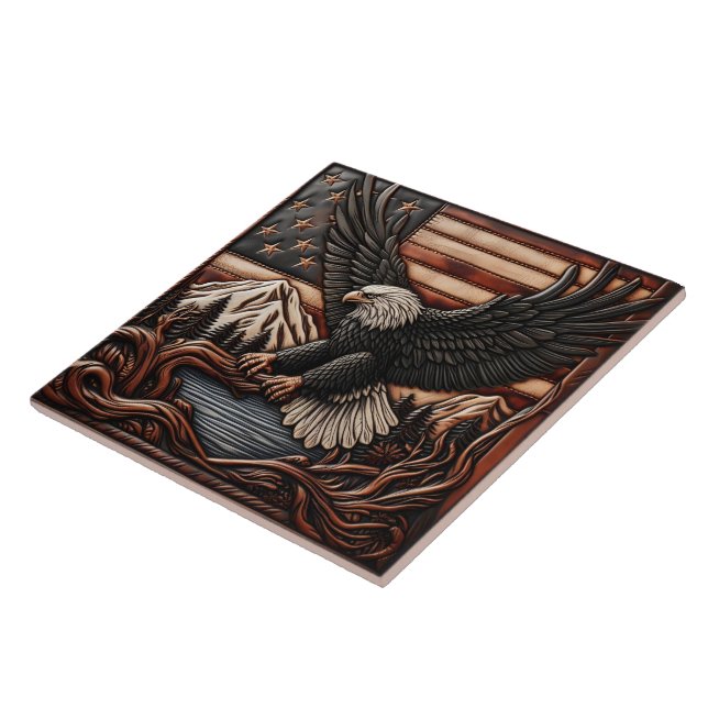 Eagle Relief Carving With American Flag Background Ceramic Tile (Side)