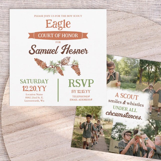 Eagle Scout Court of Honor Announcement, Pinecones Invitation (eagle scout court of honor party invitation with pinecones, pine needles, photo collage, scout quote)