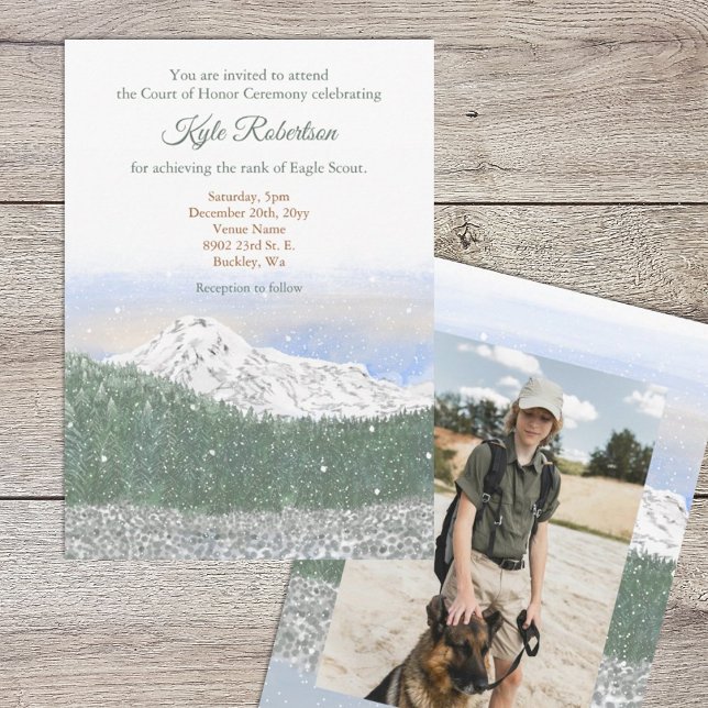 Eagle Scout, Court of Honor, Mt. Rainier Invitation (Eagle scout court of honor invitation with mountains, trees and snow landscape, photo on back)