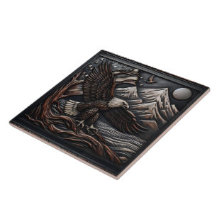 Eagle Sculpture With Mountain and Flag Design Ceramic Tile