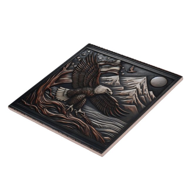 Eagle Sculpture With Mountain and Flag Design Ceramic Tile (Side)