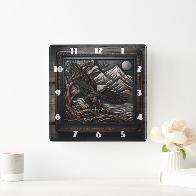 Eagle Sculpture With Mountain and Flag Design Square Wall Clock (Home)