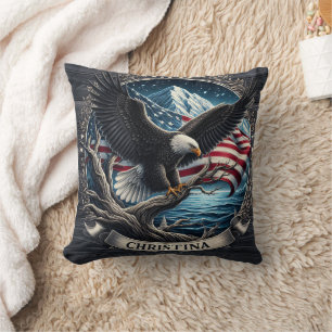 Eagle Soaring Above Mountains With American Flag Cushion