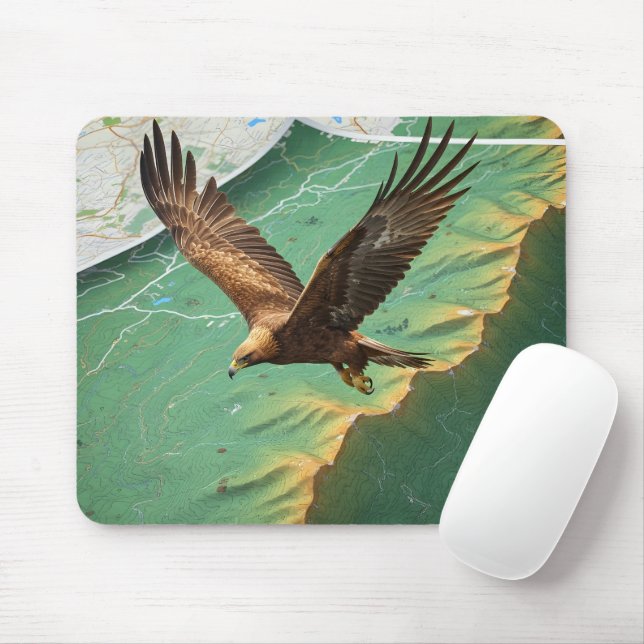 Eagle Soaring Over Topographic Map 3D Surrealist Mouse Pad (With Mouse)