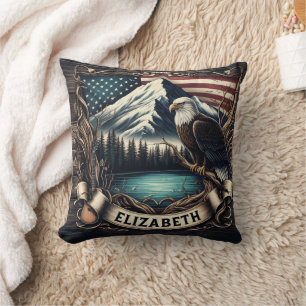 Eagle Soaring With Mountain and Flag Cushion