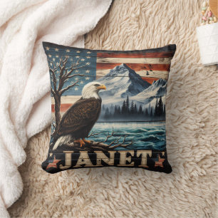 Eagle Soars Over Mountains and Flags Cushion