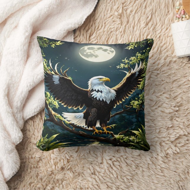 Eagle Spreading Wings on Branch Under Moonlight Cushion (Blanket)