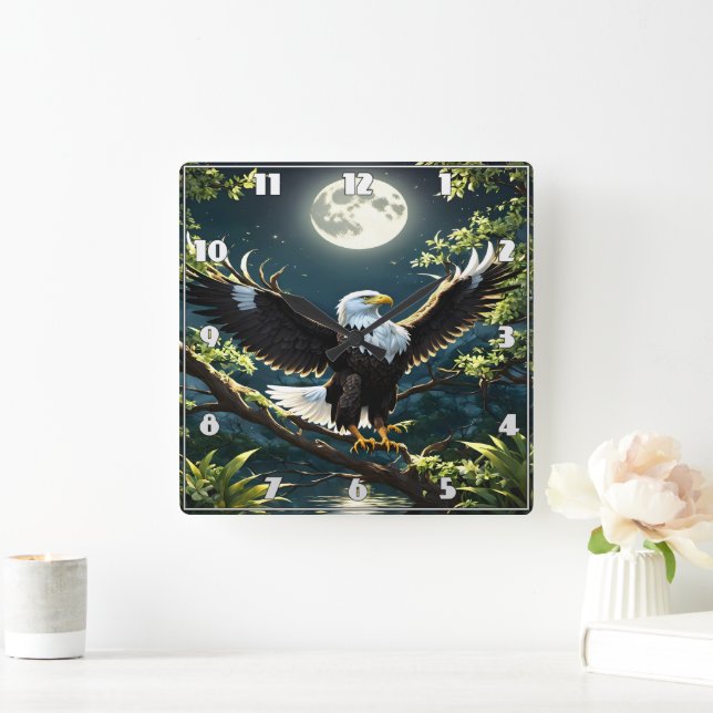 Eagle Spreading Wings on Branch Under Moonlight Square Wall Clock (Home)