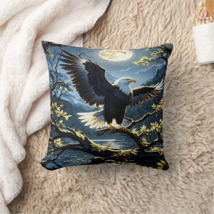 Eagle Spreads Wings on Branch Under Night Sky Cushion