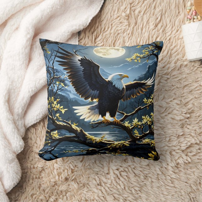 Eagle Spreads Wings on Branch Under Night Sky Cushion (Blanket)