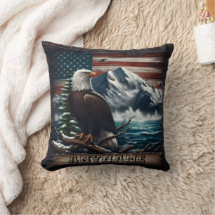 Eagle Standing Proudly Against Mountain and Flag Cushion