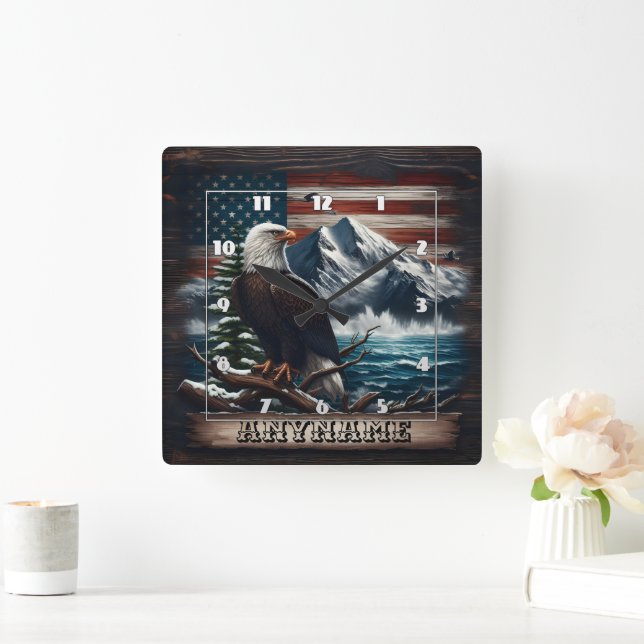 Eagle Standing Proudly Against Mountain and Flag Square Wall Clock (Home)
