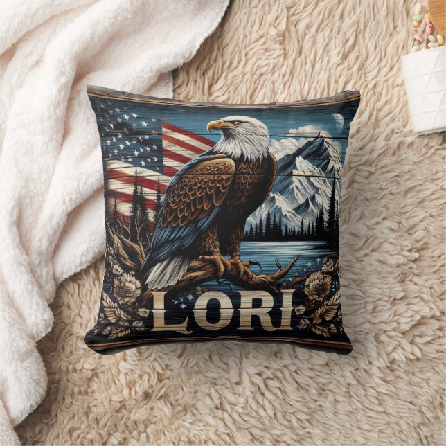 Eagle With American Flag Background Cushion (Blanket)