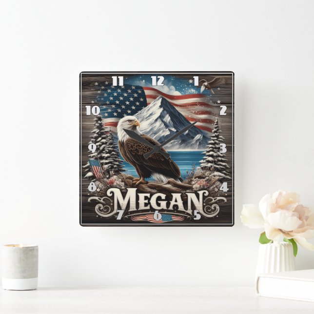 Eagle With Mountain and American Flag Square Wall Clock (Home)