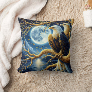 Eagles Perched on Branch Under Moonlit Sky Cushion