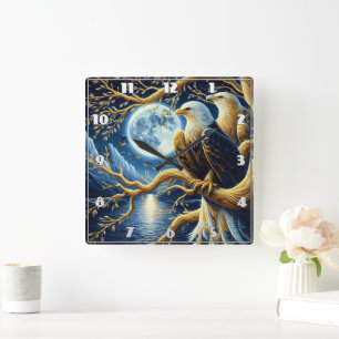 Eagles Perched on Branch Under Moonlit Sky Square Wall Clock