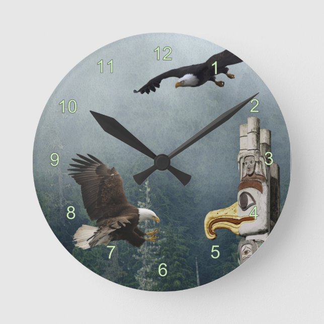 Eagles, Totem Pole & Forest Fantasy Art Clock (Front)