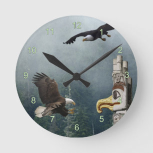 Eagles, Totem Pole & Forest Fantasy Art Clock