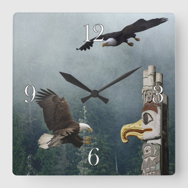 Eagles, Totem Pole & Forest Fantasy Art Clock (Front)