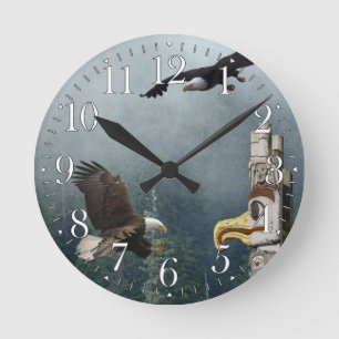 Eagles, Totem Pole & Forest Fantasy Art Clock