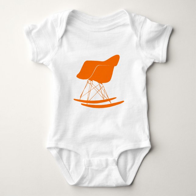 Eames rocker chair in orange baby bodysuit (Front)