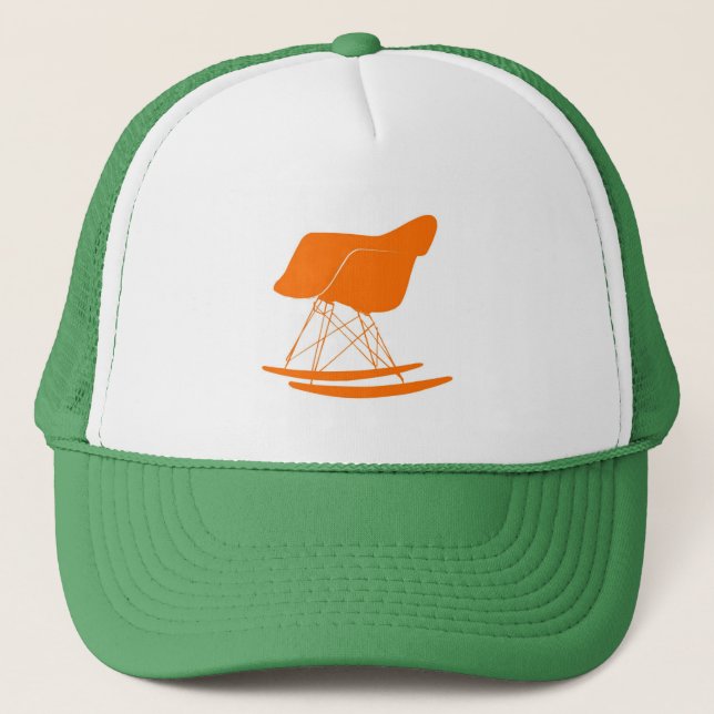 Eames rocker chair in orange trucker hat (Front)