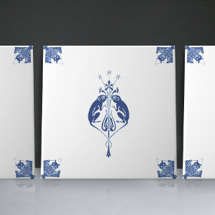 Early Art Nouveau Dutch Delft Blue Creatures Ceramic Tile