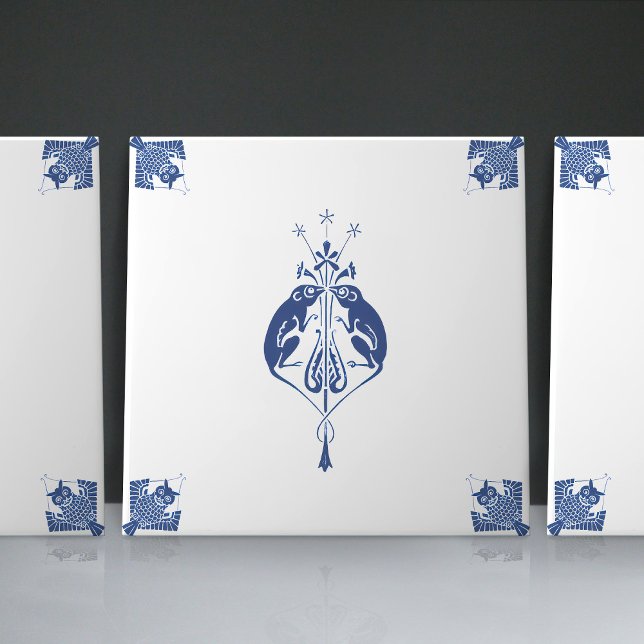 Early Art Nouveau Dutch Delft Blue Creatures Ceramic Tile (Creator Uploaded)