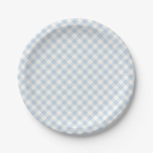 Early Autumn Retro Gingham Dusty Blue Paper Plate