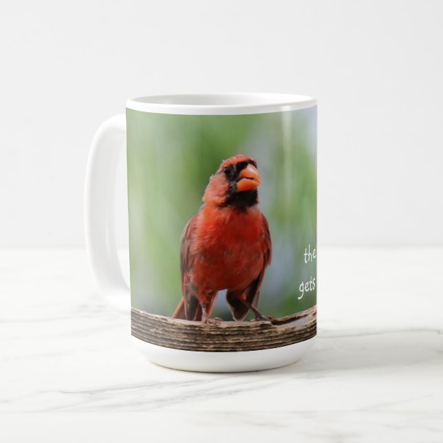 Early bird gets the coffee, pretty red cardinal coffee mug (Front Left)