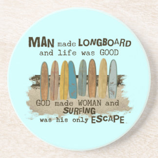 Early Man and Woman Surfing Humour with Longboards Coaster