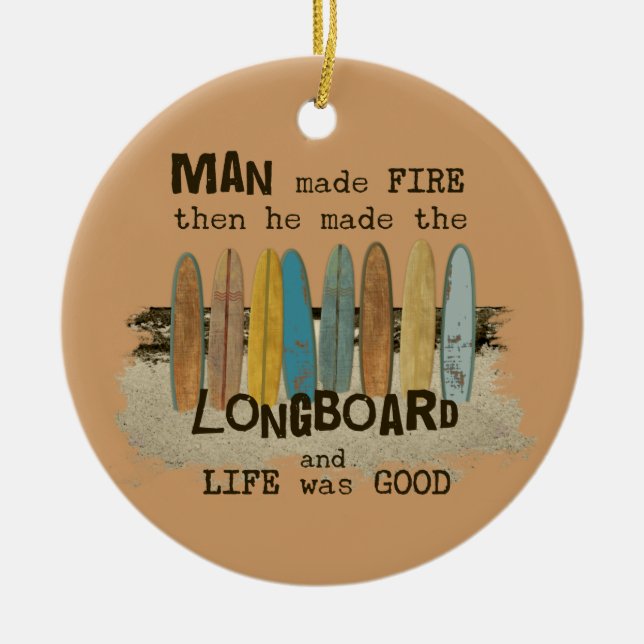 Early Man Surfing Humour with Longboards Ceramic Ornament (Front)