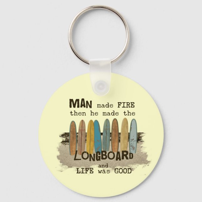 Early Man Surfing Humour with Longboards Key Ring (Front)