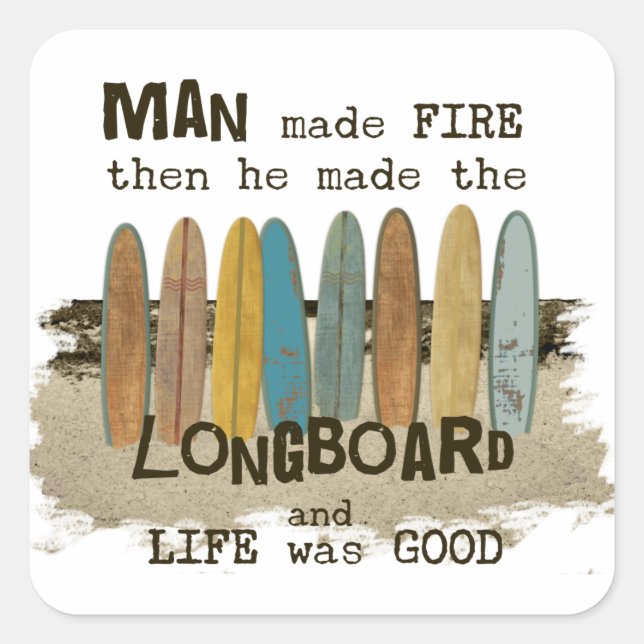 Early Man Surfing Humour with Longboards Square Sticker (Front)