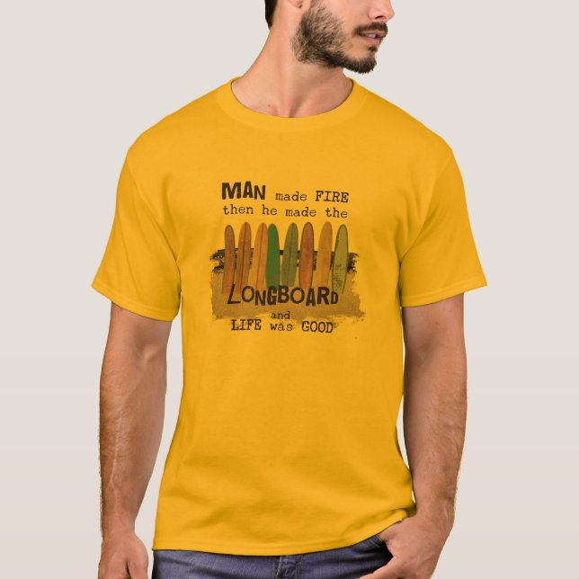 Early Man Surfing Humour with Longboards T-Shirt (Front)