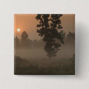 Early morning, rising sun and ground fog 15 cm square badge