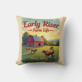 Early Riser Retro Farm Barn Scene Cushion