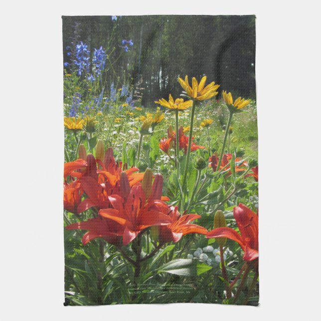 Early Summer Blue Delphinium Deep Orange kitchen t Tea Towel (Vertical)