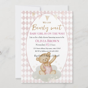 early Wait Baby Girl Shower Invitation Pink Teddy
