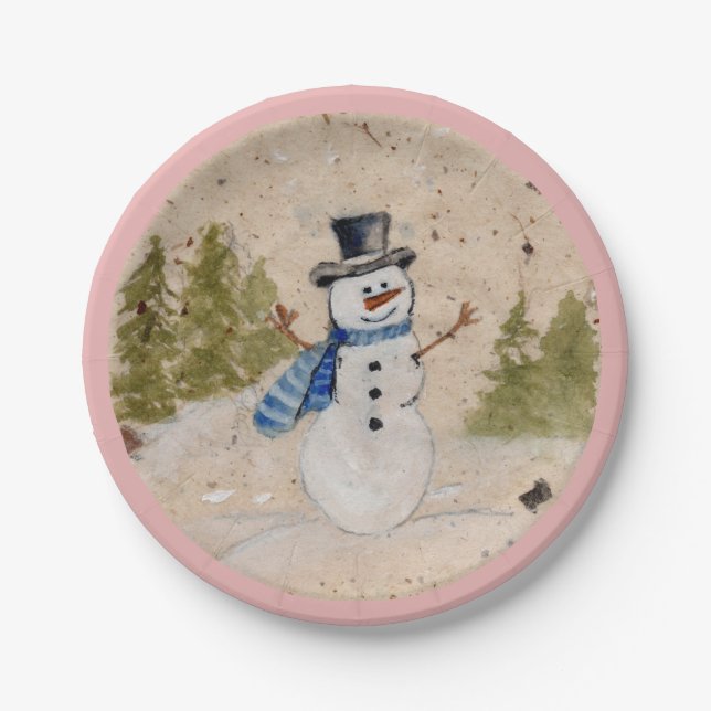 Early Winter SnowMan in Top  Hat Waves Hello Paper Plate (Front)