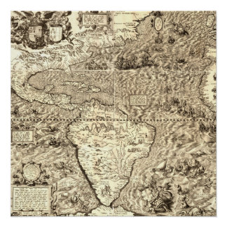 Early World Map of the Americas and Atlantic Ocean Poster