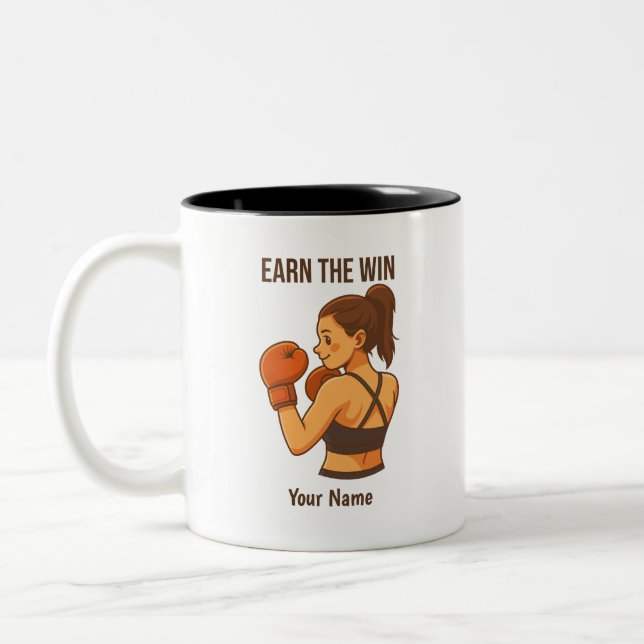 Earn The Win Boxing Girl Personalized Name  Two-Tone Coffee Mug (Left)