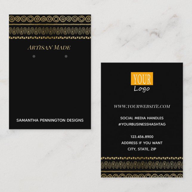Earring Display Bohemian Gold Border Business Card (Front/Back)
