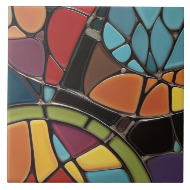 Earth Air Fire Faux Stained Glass Mosaic Abstract Ceramic Tile (Front)