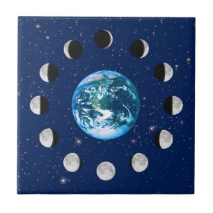 Earth and Moon Phases, on a Background of Stars Ceramic Tile