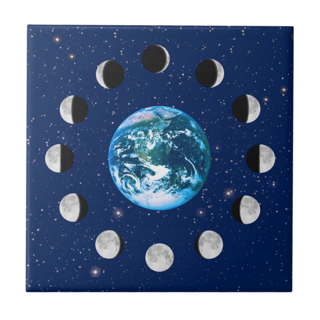 Earth and Moon Phases, on a Background of Stars Ceramic Tile (Front)